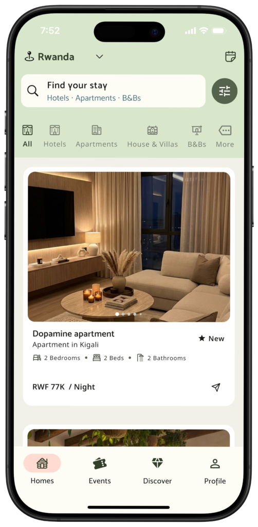 Home section of Explorease App which users can use to book affordable short term rentals in rwanda
